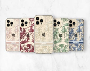 Personalized Toile Clear iPhone 16 Pro Max 15 13 12 11 SE Case Cottagecore Galaxy S25 Ultra Cute iPhone 14 Plus Custom Name Monogram CC-WTN
