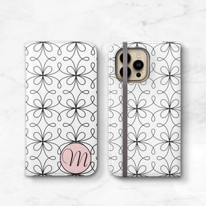 Funda para iPhone con monograma, estilo retro francés, con bucles, para iPhone 14 Pro Max 13, 12 y 11, monograma rosa, negro y blanco, piel sintética WC-FIFR