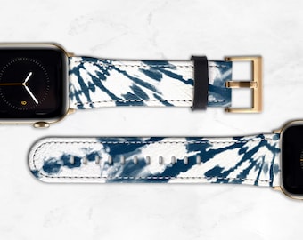 Tie Dye Print Band for Apple Watch 40mm 38mm 42mm 44mm Women Faux Leather Ultra Series 10 8 5, 4, 3, SE  Blue and White WB-TIDYBW