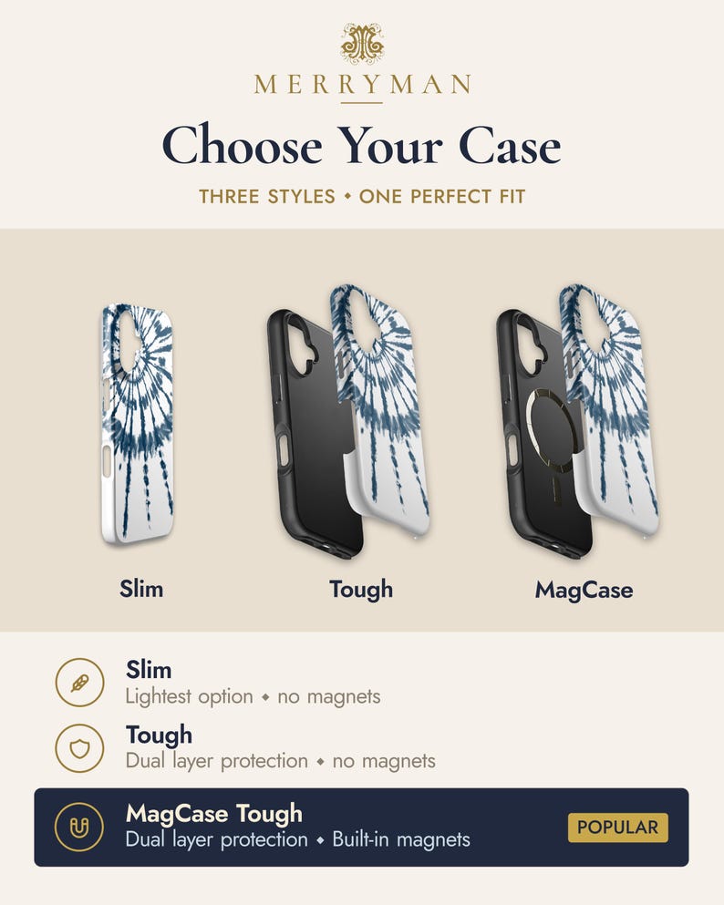 The image is an advertisement for a phone case, showcasing three different styles and their corresponding features.
