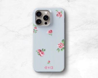Personalized Phone Case Floral Pinstripe Preppy iPhone 15 MagSafe 14 Plus 13 Pro Max 12 Mini 11 Monogram Name Girly Gift For Her S24 CMG-PSF