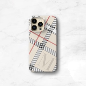 Personalized Phone Case Neutral Plaid Monogram iPhone 14 Plus 13 15 Pro Max MagSafe 12 Mini, 11 Beige Nova Check Gift for Her CMG-PLBY