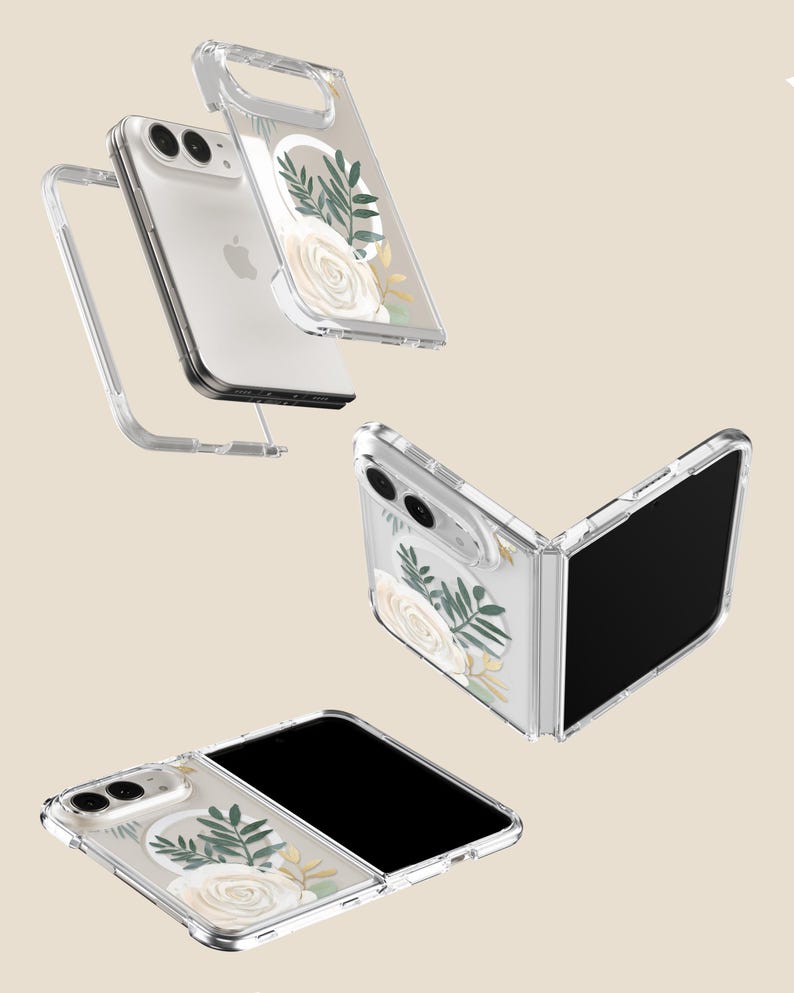 a clear phone case with a floral design, including white roses and green leaves. The case appears to be made of a transparent material, allowing the phone to be visible through the case.