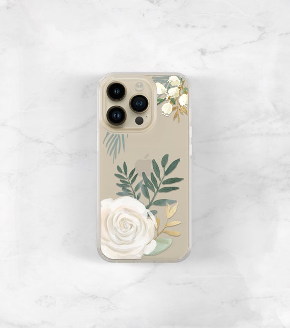 White Rose Clear Case for iPhone 14 Case Clear With Design iPhone 15 13 11  12 Pro Max Floral Watercolor, Xs SE Gift for Her Women CC-WATRO 