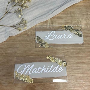 Place marker with first names and gold leaf - Wedding place marker