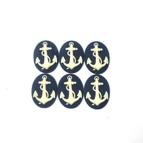 Anchor Symbol of Hope Ivory on Navy Blue Cameo Cabochons 40x30mm