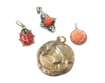 4x Vintage Silver Charms, Carved Rose, Lay Bug for Bracelets or Necklaces