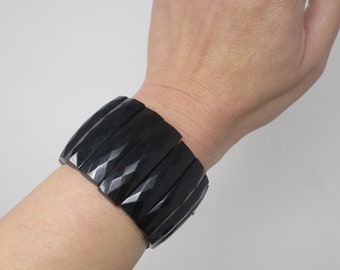 Whitby Jet Bracelet, Faceted Stretch Bracelet, Fossil Jet, Lignite, Victorian Mourning Jewelry, Black Expansion Bracelet