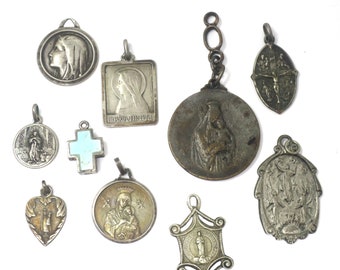 Antique French Religious. Virgin Mary, Crucifix Cross  Charm Lot