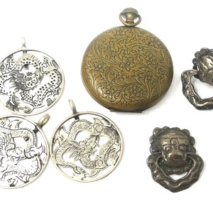 Vintage or Antique Empty Pocket Watch, Silver patina Earrings, Dragon Pendants, Jewelry Supply, Repurpose Lot, Destash