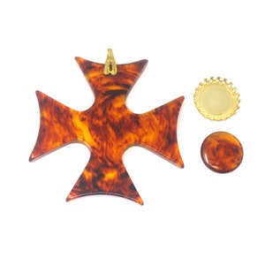 Vintage Bakelite Dark Brown Transparent Marbled Maltese Cross Pendant Supplies