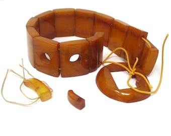 Vintage Bakelite Semi Transparent Butterscotch Swirled Buckle Bracelet Components