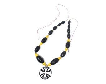 Vintage Bakelite Black Maltese Cross Pendant and Yellow Beads for Necklace