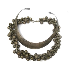Heavy Patinaed Vintage Mexico Sterling Silver Collar and Metal Bell Charm Necklaces