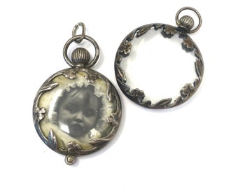 2x Antique European Silver Glass Round Locket Pendants, Repair or Repurpose