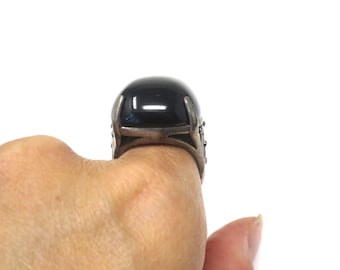 Vintage Black Onyx Cabochon Sterling Silver Ring 6.25