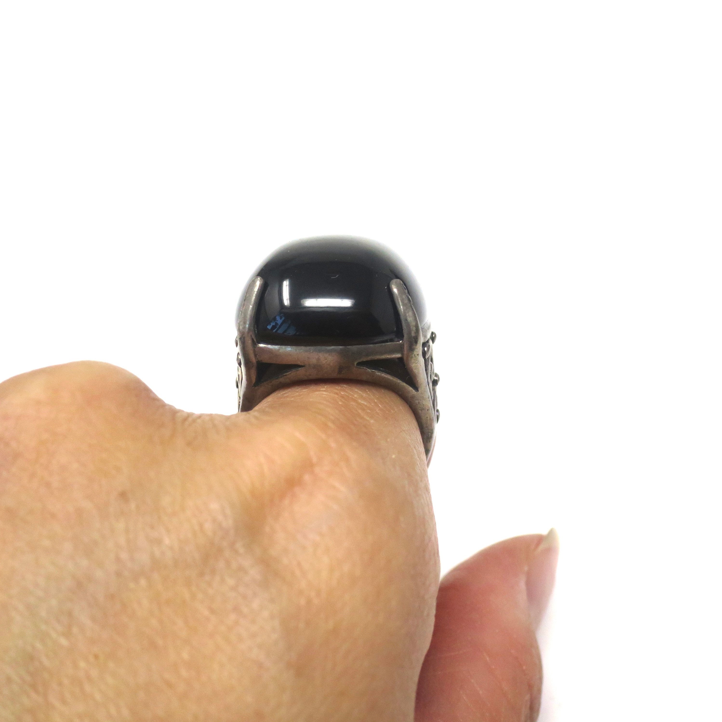 Genuine Black Onyx Ring - 55 Carat Cabochon Sterling Silver Vintage Style, Sizes 4-12