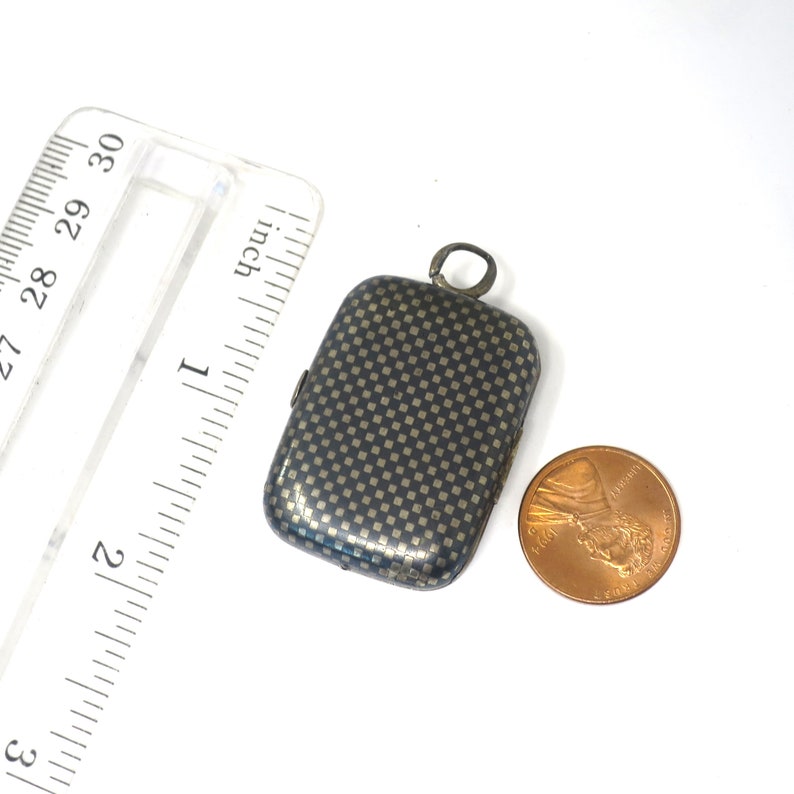 Antique Niello Checkered Rectangle Silver Locket, Repurpose, Assemblage, Repair image 3