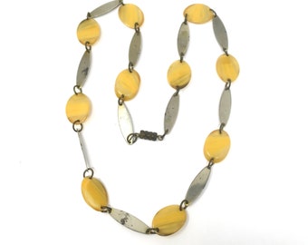 Vintage Bakelite Style Transparent Yellow with Swirl and Silver Metal Necklace, Repurpose or Wear