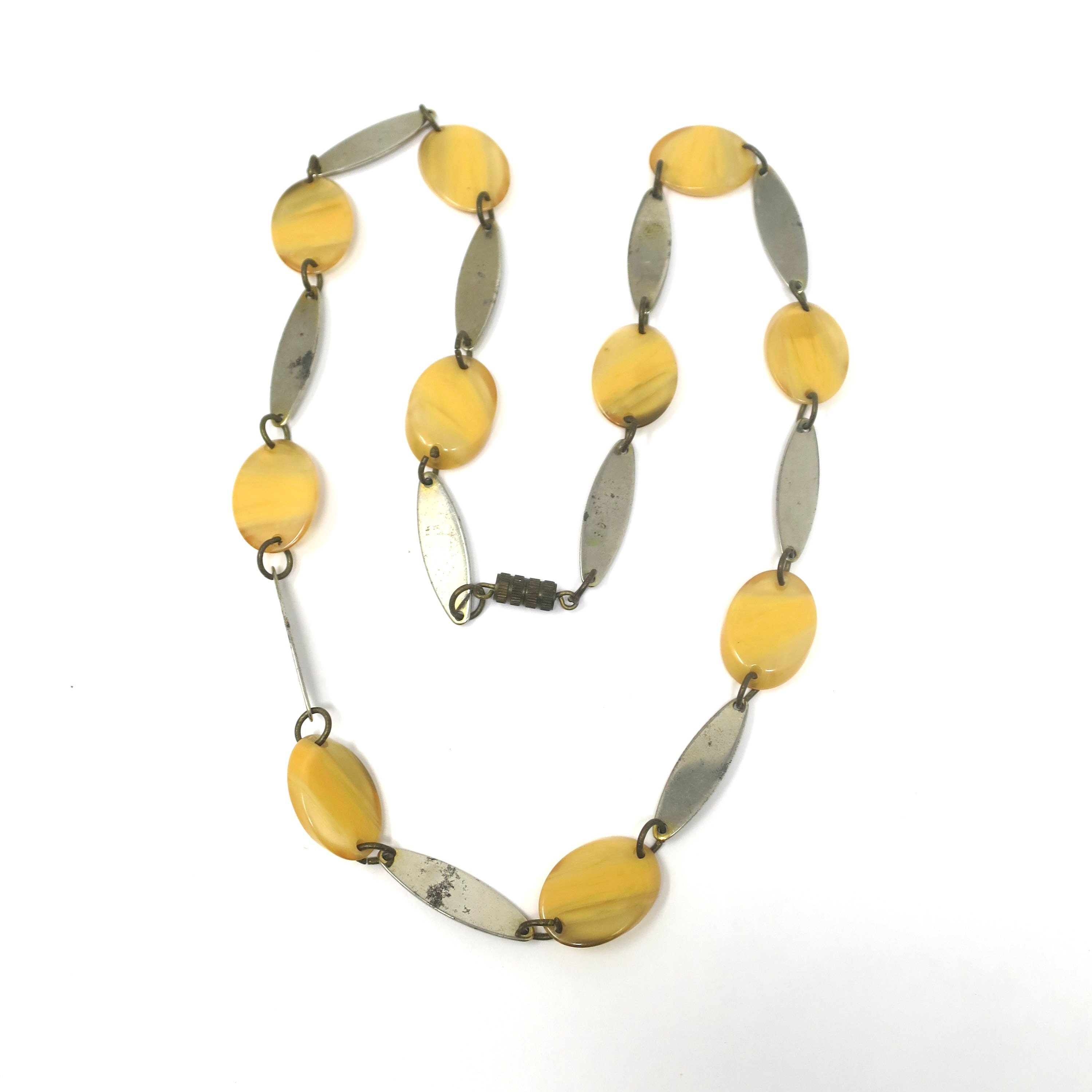 Vintage Bakelite Style Transparent Yellow With Swirl and Silver Metal ...