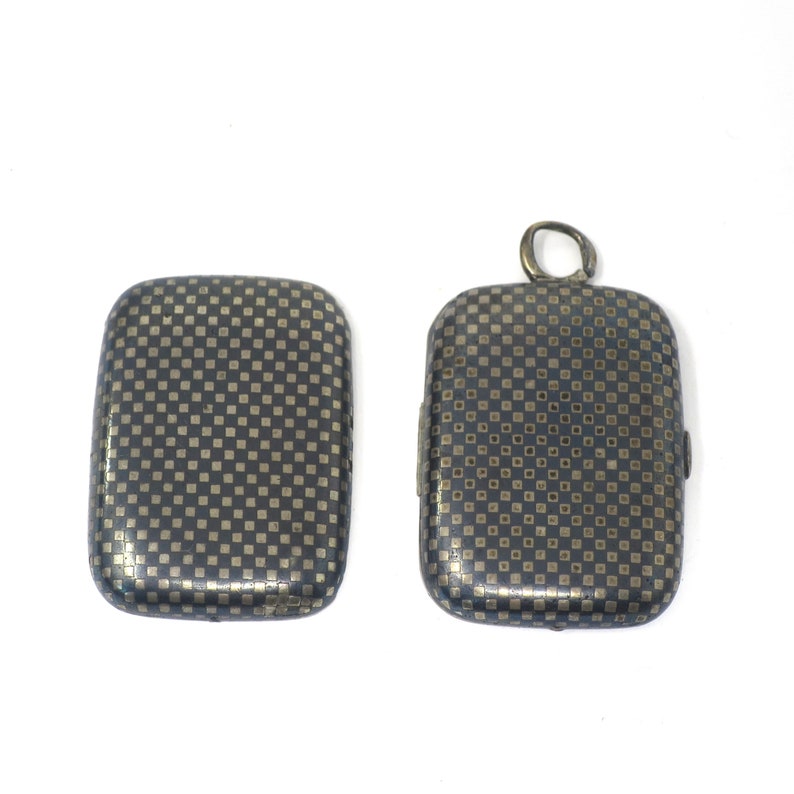 Antique Niello Checkered Rectangle Silver Locket, Repurpose, Assemblage, Repair image 1