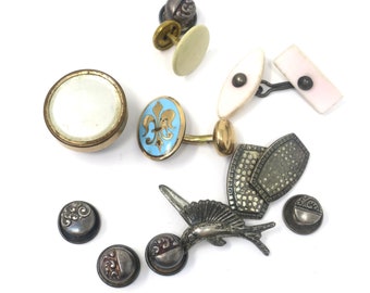 Antique Button & Cufflink Lot, Enamel, 1800's, Victorian to Edwardian, Jewelry Supply, Repurpose Lot, Destash, Engraved, Floral, Art Nouveau