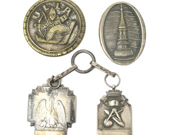 4 pcs of Mixed Antique and Vintage Large European Metal & 835 Silver Pendant Fobs, Wear or Repurpose