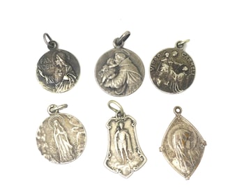 Antique Silver Metal Religious. Jesus, Virgin Mary, Sacred Heart Charm Lot