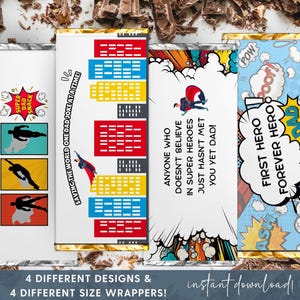 Happy Father's Day Candy Bar Wrapper, Instant Download, Super Hero Themed Gift for Dad, Fun Printable Unique Comic Funny Party Favor Ideas