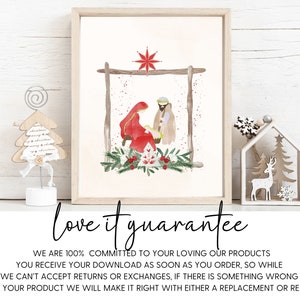 May include: A watercolor painting of the nativity scene with a red star above the stable. The painting is framed in a white frame and is sitting on a white surface. The text "love it guarantee" is below the image.