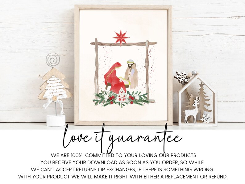 May include: A watercolor painting of the nativity scene with a red star above the stable. The painting is framed in a white frame and is sitting on a white surface. The text "love it guarantee" is below the image.