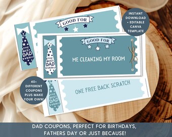 Fathers Day Coupon Book, Dad Birthday Coupons Personalized DIY Gift for Dad, Tie Themed Printable Coupons, Blue Custom Voucher Book for Kids