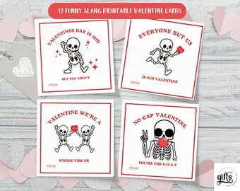 Slang Teen Valentine's Day Printable Cards, Skeleton Tween Valentines Cards for Teen Boys and Girls, Funny Gen Alpha Slang Valentine Cards