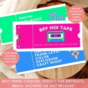 Best Friend Coupon Book, Eighties Themed Vouchers, Unique Birthday Bachelorette Sister Gifts, Neon Gift Ideas, Printable Coupons for Besties