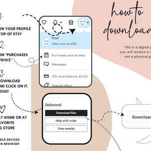 May include: A step-by-step guide on how to download a digital product from Etsy. The guide shows how to find the download files in your Etsy purchases and reviews. The guide also includes a note that this is a digital product and you will receive a download, not a physical product.