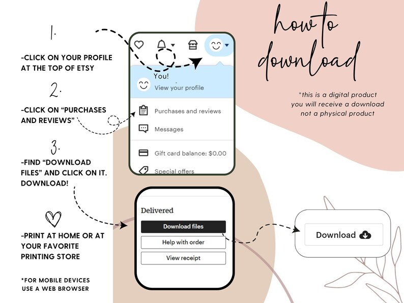 May include: A step-by-step guide on how to download a digital product from Etsy. The guide shows how to find the download files in your Etsy purchases and reviews. The guide also includes a note that this is a digital product and you will receive a download, not a physical product.