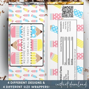 Back to School Candy Bar Wrapper, Elementary First day of School Kindergarten, From Teacher Gift Digital Download Fun School Treats for Kids