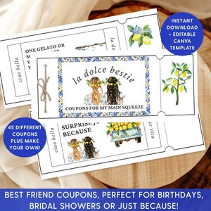 Best Friend Coupon Book, Amalfi Themed Vouchers, Unique Birthday Bachelorette Sister Gifts, Lemon Gift Ideas, Printable Coupons for Besties