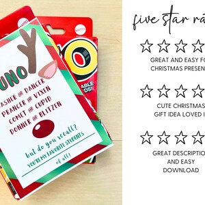 May include: A Christmas-themed Uno card game featuring reindeer antlers and the word "UNO". The card includes the names of Santa's reindeer and the text "but do you recall? You're my favourite students of all!" is also visible.