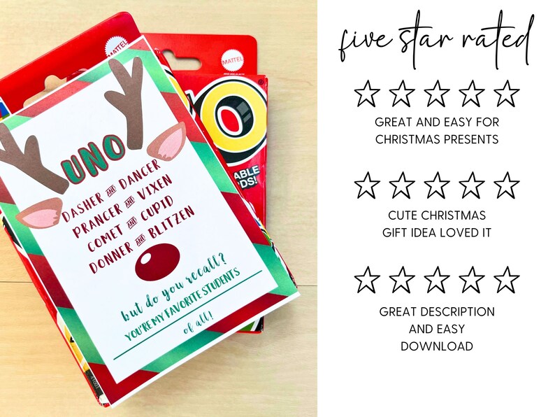 May include: A Christmas-themed Uno card game featuring reindeer antlers and the word "UNO". The card includes the names of Santa's reindeer and the text "but do you recall? You're my favourite students of all!" is also visible.