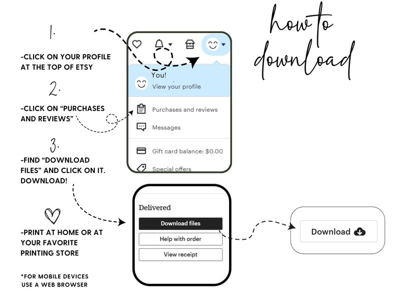 May include: A white graphic with instructions on how to download files from Etsy. The text includes steps to find and download files, with a heart icon and the words "Print at home or at your favourite printing store."