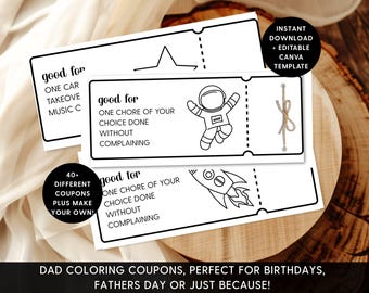 Fathers Day Coupon Book, Dad Birthday Personalized DIY Gift for Dad, Coloring Space Themed Printable Coupons, Custom Voucher Book for Kids