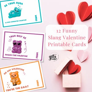 Puede incluir: Tarjetas de San Valentín con frases de jerga e ilustraciones de ositos de goma. Las tarjetas son de varios colores, con corazones de papel rojo y rosa. El texto dice "12 Funny Slang Valentine Printable Cards".