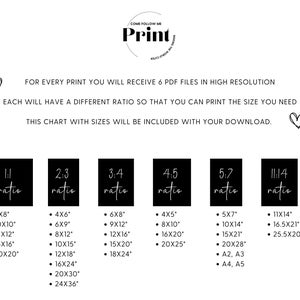 May include: A chart with six different aspect ratios for printing images. Each ratio is labeled with a number and the word "ratio". The chart lists different sizes in inches for each ratio.