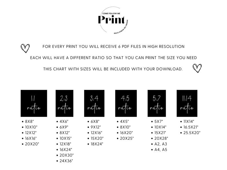 May include: A chart with six different aspect ratios for printing images. Each ratio is labeled with a number and the word "ratio". The chart lists different sizes in inches for each ratio.