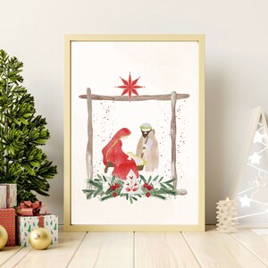 May include: A watercolor painting of the nativity scene with Mary, Joseph, and baby Jesus in a manger. The scene is set against a white background with a red star above the manger.