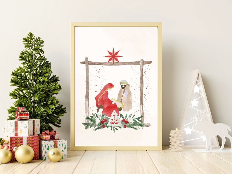 May include: A watercolor painting of the nativity scene with Mary, Joseph, and baby Jesus in a manger. The scene is set against a white background with a red star above the manger.