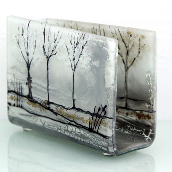 Fused glass napkin holder ,brigh black trees on  white landscape