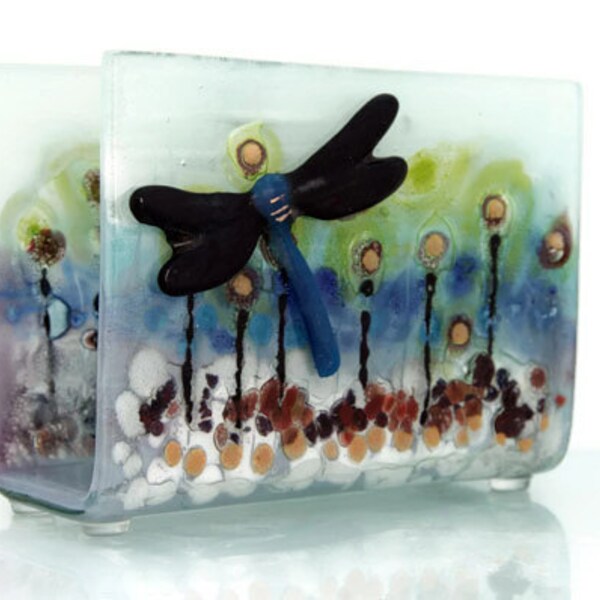 Fused Glass napkin holder,  blue  glass casting Dragonfly