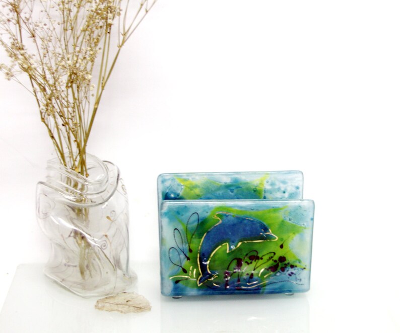Glass Napkin holder light blue ocean blue Dolphin Fused Etsy